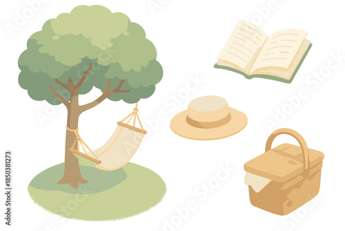 Garden Reading Retreat. Isometric vector illustration set Garden Reading Retreat: fabric hammock under tree, book pages fluttering