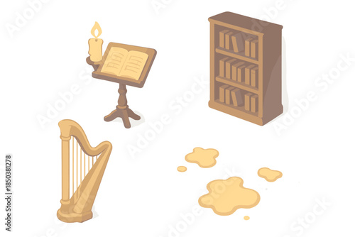 Ember Library Icons. Isometric vector illustration set Ember Waltz Library: candle-lit music stand, shadowed bookshelf, harp frame