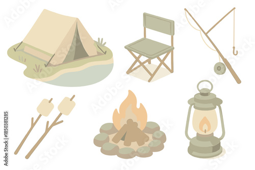 Camping by Lake. Isometric vector illustration set of Camping by the Lake: tent near water, folding chair, fishing rod,