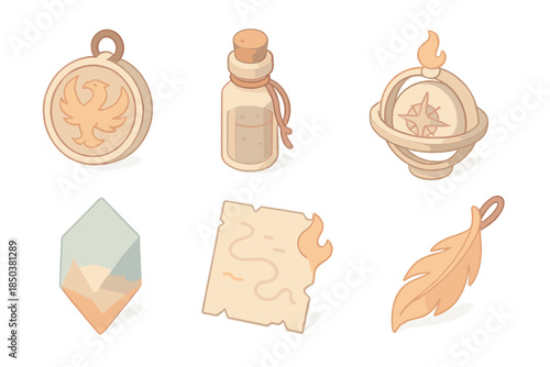 Firebird Wayfinder Icons. Isometric vector illustration set of Firebird Wayfinder Symbols: phoenix medallion, ash dust vial,