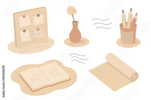 Desert Studio Elements. Isometric vector illustration set of Desert Studio Atmosphere: magnet board leaning on wall, sketchbook