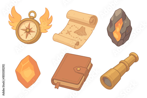 Mythic Explorer Kit. Isometric vector illustration set of Mythic Explorer Kit: compass with flame wings, rolled parchment map,