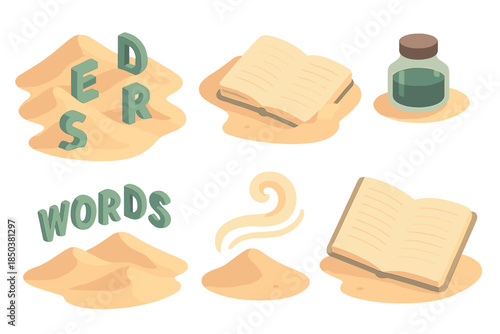 Desert Wordscape Illustrations. Isometric vector illustration set of Desert Wordscape: sand dunes with magnetic letters,
