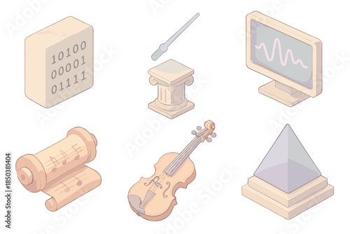Neo-Classical Sound Icons. Isometric vector illustration set of Neo-Classical Sound Forge: marble code tablet, conductor’s