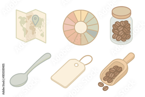 Flavor Origin Tools. Isometric vector illustration set of Flavor Origin Tools: folded atlas, aroma wheel chart, tasting spoon,