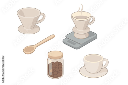 Coffee Ritual Essentials. Isometric vector illustration set of Coffee Ritual Essentials: ceramic dripper, scale and filter setup,