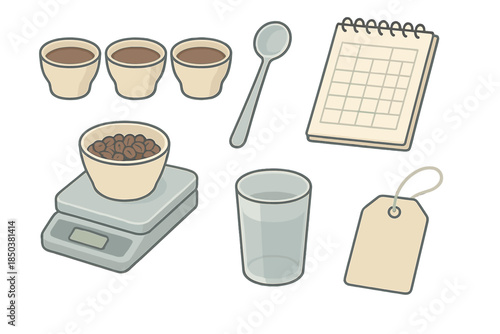 Coffee Quality Icons. Isometric vector illustration set Coffee Quality Control: cupping cups row, aroma spoon, notebook with