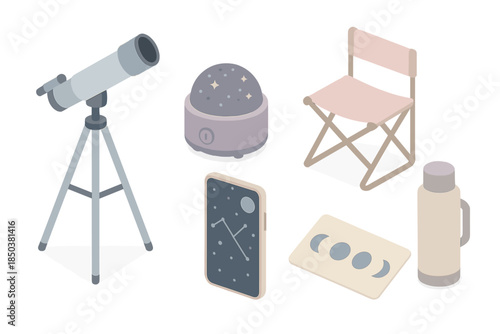 City Stargazer Essentials. Isometric vector illustration set City Stargazer Essentials: tripod telescope, portable star projector,