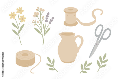 Rustic Bloom Arrangement. Isometric vector illustration set Rustic Bloom Arrangement: wildflower stems, ribbon spool, ceramic jug