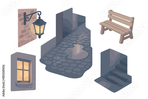 Old Town Nightwalk. Isometric vector illustration set Old Town Nightwalk: lantern hanging on brick wall, cobblestone alley, puddle