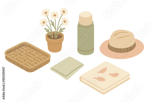 Herbal Rest Stop Icons. Isometric vector illustration set Herbal Trail Rest Stop: wicker tray, small pot of chamomile, herbal tea