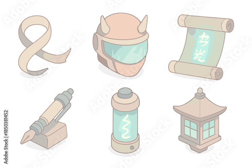 Urban Shogun Icons. Isometric vector illustration set Urban Shogun Artistry: digital ink ribbon, visor reflection, glowing script,