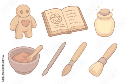 Clay Alchemy Set. Isometric vector illustration set Clay Alchemy Table: sculpted golem heart rune, open spellbook, mixing bowl