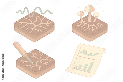 Fungal Network Cartography. Isometric vector illustration set Fungal Network Cartography: organic signal map, interconnected