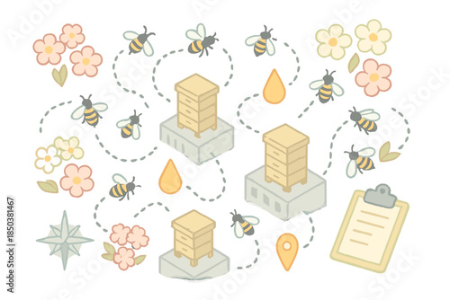 Rooftop Bee Network. Isometric vector illustration set Pollination Network Map: rooftop hives connected by dotted flight paths,