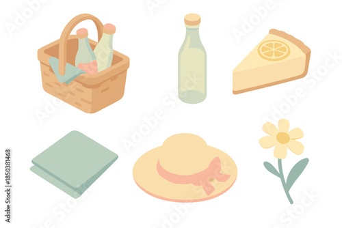 Lemon Picnic Delight. Isometric vector illustration set Lemon Picnic Delight: basket with drinks, chilled glass bottle, lemon tart