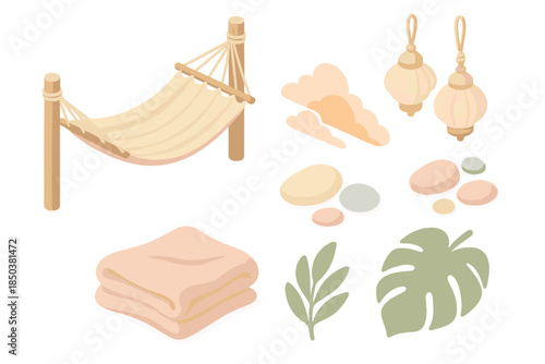 Ocean Breeze Icons. Isometric vector illustration set Ocean Breeze Hideaway: swaying hammock, seashell lanterns, smooth pebbles,