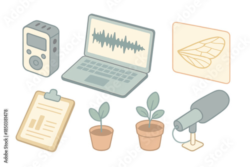 Bioacoustic Bee Research Icons. Isometric vector illustration set Bioacoustic Bee Research: portable recorder, open laptop with