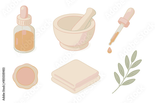 Resin Craft Apothecary. Isometric vector illustration set Resin Craft Apothecary: propolis tincture bottle, mortar and pestle,