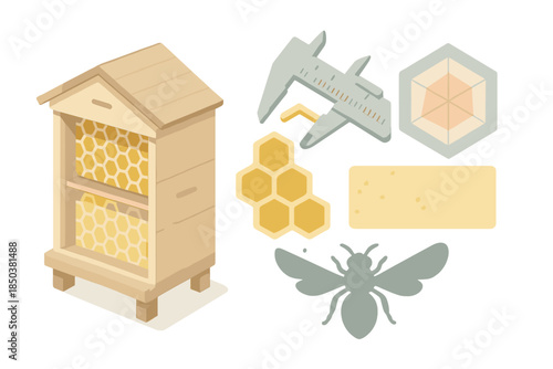 Natural Hive Geometry. Isometric vector illustration set Natural Engineering Hive: hive section cutaway, hexagonal wax matrix,