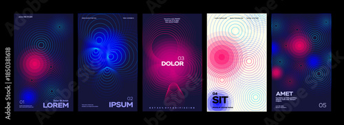 A set of five abstract posters featuring vibrant concentric circles in shades of blue, pink, and purple. Each design is unique, showcasing a modern and dynamic aesthetic 