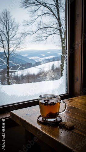 A cup of hot winter drink on a wooden table, with a view of the winter landscape through the window.