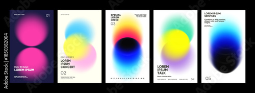 A collection of five vibrant posters featuring abstract gradient designs in various colors. Each poster includes text elements such as event details and promotional offers 
