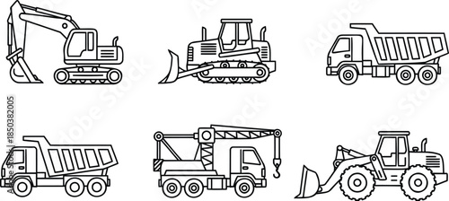 Set of Six Construction Vehicles in Line Art Style.