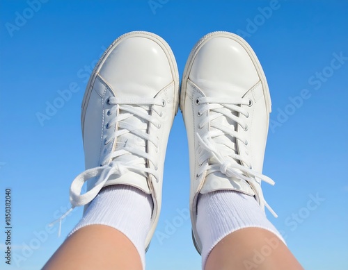 Wallpaper Mural POV Looking down at white sneakers, white socks and ankles, against a bright blue sky, on a sunny day Torontodigital.ca