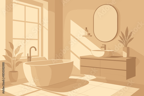 Sunlit Minimalist Bathroom. Modern bathroom interior with sunlight streaming through a large window, minimalist design in soft