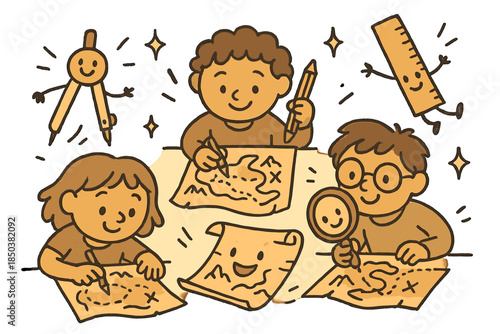 Whimsical Map Workshop. Adorable doodle map-making workshop with smiling cartographers, cartoon tools like compasses and rulers