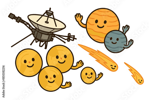 Voyager's Cosmic Journey. Voyager spacecraft flying with smiling golden records, planets waving goodbye, and comets guiding the