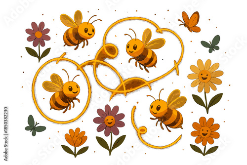 Bee Dance Celebration. Bee waggle dance party with bees tracing glowing paths, flowers clapping, and butterflies joining in No