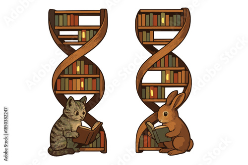 Chromosomal Library of Animals. DNA memory library with bookshelves as chromosomes, switches as glowing bookmarks, and animals