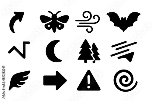 Evasive Flight Icons. Solid style icons of evasive flight and maneuvering: curved arrow, flying moth, wind swirl, bat silhouette,