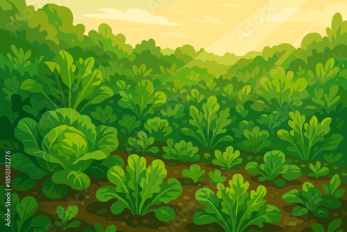 Lush Green Garden. Lush garden filled with leafy greens glowing under soft sunlight, vibrant natural tones, ideal vector