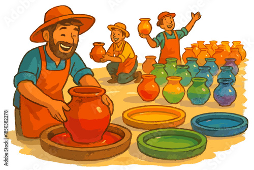 Rainbow Glazed Festival. Glazing festival with pots dipped in rainbow pools, cheerful craftsmen, and glowing colors drying in the