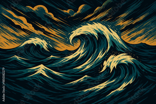 Dramatic Ocean Waves. Abstract depiction of turbulent ocean waves with sharp textures and dramatic lighting, bold and vector