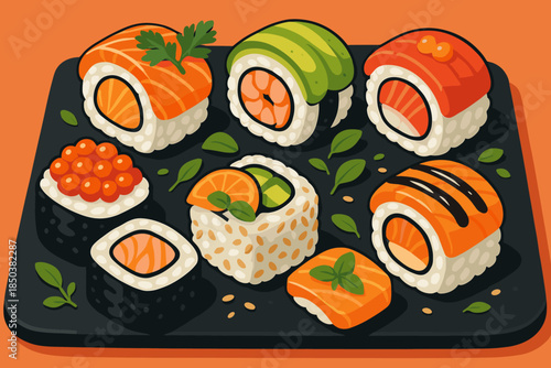 Vibrant Sushi Display. Vibrant array of vector illustration fresh sushi rolls garnished with herbs and bright toppings, served on
