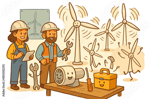 Dancing Turbine Workshop. Wind turbine workshop with happy engineers, friendly tools, and turbines practicing spinning like