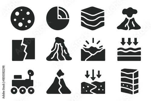 Planetary Geology Icons. Solid style icons of planetary geology: cratered surface, planetary cross-section, layered rock, tectonic