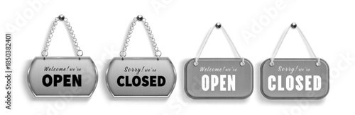 Hanging shop sign label showing open and closed sale message for retail store business illustration