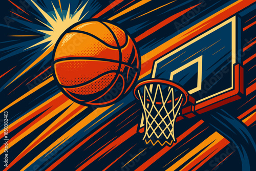 Basketball Dunking Action. Dynamic action shot of a basketball flying toward vector illustration the hoop under bright arena