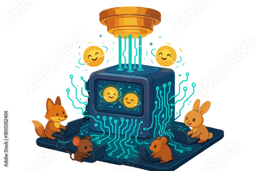 Happy Qubits and Animals. Quantum computer with happy qubits spinning, glowing circuits, and tiny animals typing on keyboards No
