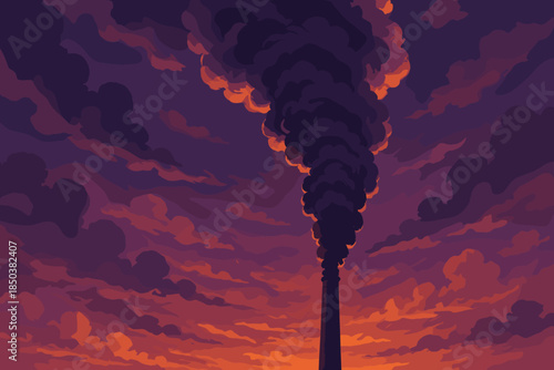 Smoke at Sunset. Smoke plume rising against a dramatic sunset sky, rich purples and oranges blending with soft clouds, capturing