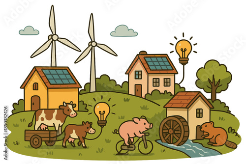 Hybrid Energy Village. Hybrid energy village with windmills, solar rooftops, tiny hydro wheels, and animals powering lights