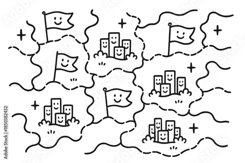 Doodle Borders Delight. Playful doodle changing borders illustration with happy flags, cartoon boundary lines moving gently,