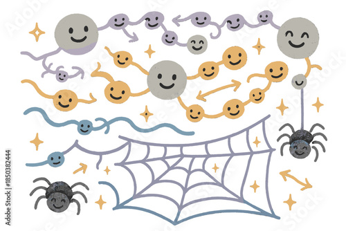 Cheerful Molecular Doodle. Magical doodle molecular silk modeling with cheerful proteins, cartoon bonds and chains waving, smiling