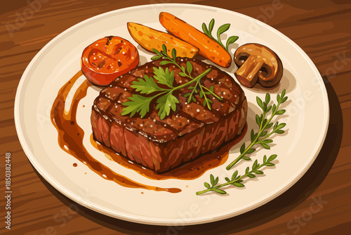 Gourmet Steak Dish. Gourmet plate of perfectly cooked steak garnished with fresh herbs and roasted vegetables, rich and inviting