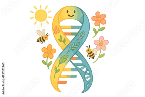 Smiling DNA Nature. DNA double helix shaped like a smiling ribbon with flowers, bees, and sunshine influencing its colors No text,